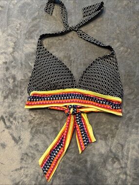 EUC Jag Black Patterned Halter Swim Top with Yellow Multi Color Tie Sz S